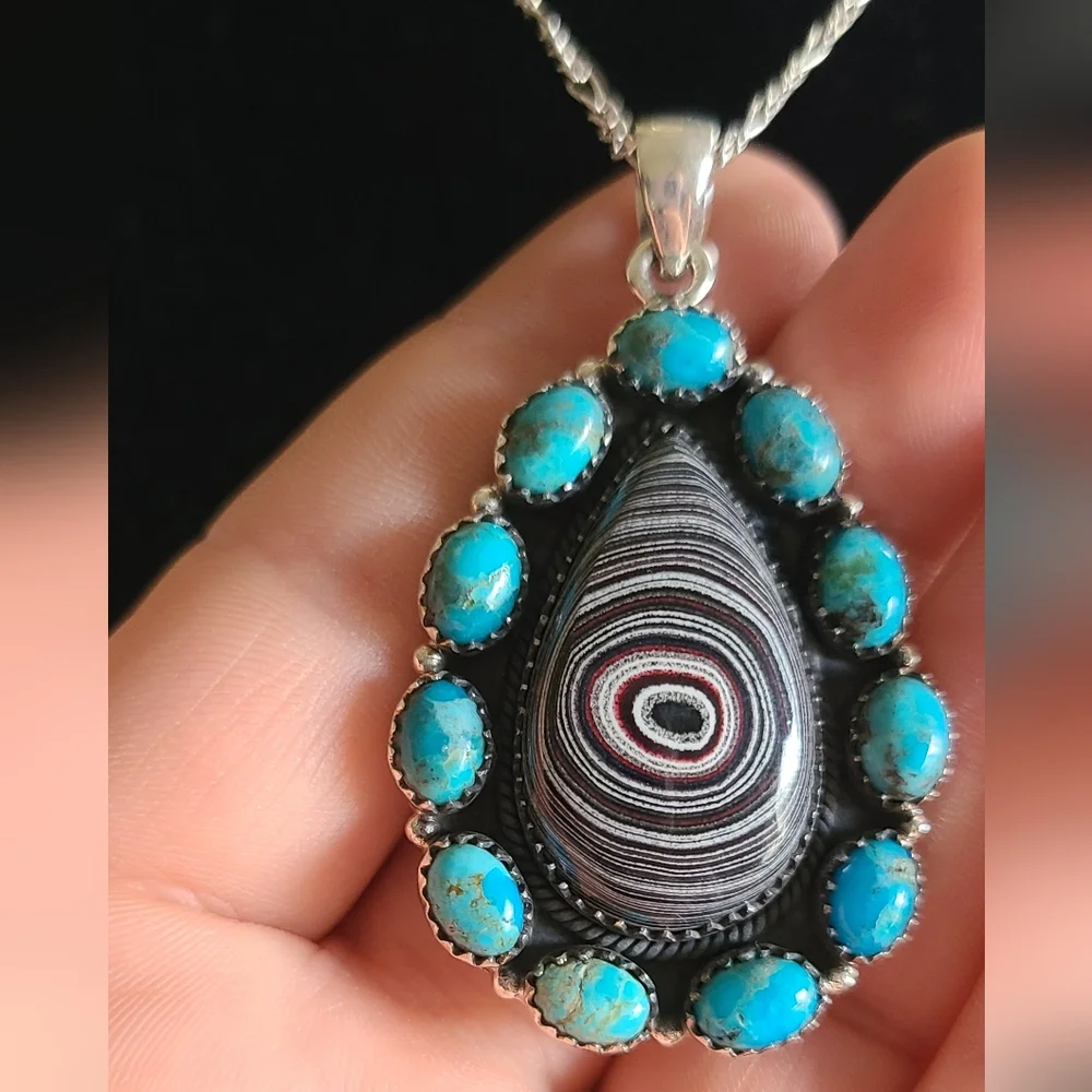 Gorgeous Turquoise and Fordyte Solid Sterling Silver Pendant